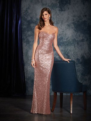 Rose-sequined 8120L gown from the Alfred Angelo 2017 bridesmaids dress collection. Features sweetheart neckline and fit and flare silhouette.