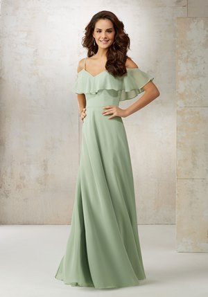 The Mori Lee 21509 is a chiffon gown with spaghetti straps and a loose ruffled sleeve.
